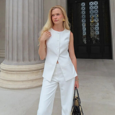 Elegáns mellény hosszú nadrág szettek nőknek 2024 irodai női egymellű felső, magas derekú, széles lábszárú nadrág 2 részes szett Elegáns utcai viselet