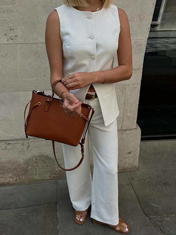 Elegáns mellény hosszú nadrág szettek nőknek 2024 irodai női egymellű felső, magas derekú, széles lábszárú nadrág 2 részes szett Elegáns utcai viselet