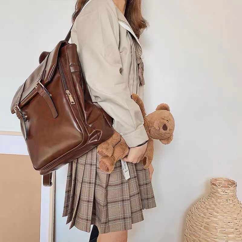 JIAERDI Vintage Brown Jk kuprinės Moteriškos High Street Preppy Style Pu Odinė Mini kuprinė Moteriška Harajuku Kasdienis mokyklinis krepšys Naujas