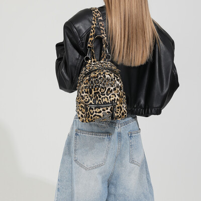 Női kis hátizsák több zsebes hátizsák Punk Street női utazási divat Leopard kézitáska Diák vállas iskolatáska