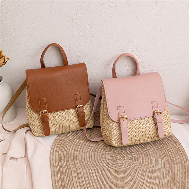 Divatos női válltáska Vintage szalma szőtt táska PU bőr válltáska Elegáns Luxus Sokoldalú Designer Hátizsák Mochilas