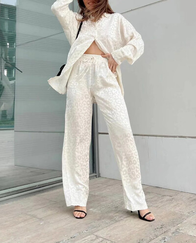 Jesen 2024. Bijelo satensko odijelo širokih nogavica za žene Uredski dvodijelni komplet s leopard printom Kućna trenerka Kompleti ženskih pidžama