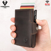 HUMERPAUL Smart Pop Up Card Wallet για άνδρες RFID Γνήσια δερμάτινη θήκη για κάρτες Λεπτή γυναικεία τσάντα με φερμουάρ για κέρματα με θήκη χαρτονομισμάτων