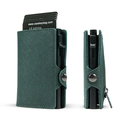 CASEKEY Portofel subțire pentru bărbați Saffiano din piele naturală Suport card de credit Pop Up Billetera Portofel inteligent cu blocare RFID cu portmoneu