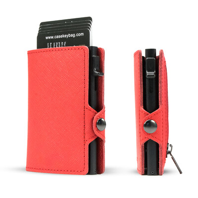 CASEKEY Portofel subțire pentru bărbați Saffiano din piele naturală Suport card de credit Pop Up Billetera Portofel inteligent cu blocare RFID cu portmoneu