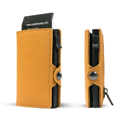 CASEKEY Portofel subțire pentru bărbați Saffiano din piele naturală Suport card de credit Pop Up Billetera Portofel inteligent cu blocare RFID cu portmoneu