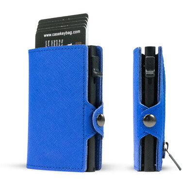 CASEKEY Portofel subțire pentru bărbați Saffiano din piele naturală Suport card de credit Pop Up Billetera Portofel inteligent cu blocare RFID cu portmoneu