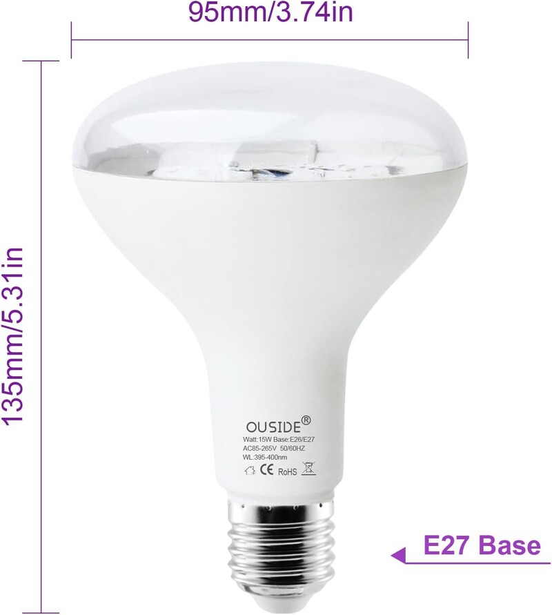INDMIRD UV juoda lemputė, E27/26 UV lemputė 15 W lemputės, 395–400 nm juodos šviesos lempa UV-A juodos šviesos lemputė violetinės šviesos apšvietimas