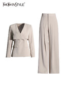 TWOTWINSTYLE Seturi de două piese largi, solide, pentru femei, cu decolteu în V, cu mânecă lungă, tunic, pantaloni cu talie înaltă, pantaloni lați, set elegant pentru femeie nou