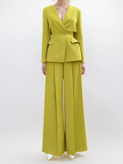 TWOTWINSTYLE Seturi de două piese largi, solide, pentru femei, cu decolteu în V, cu mânecă lungă, tunic, pantaloni cu talie înaltă, pantaloni lați, set elegant pentru femeie nou