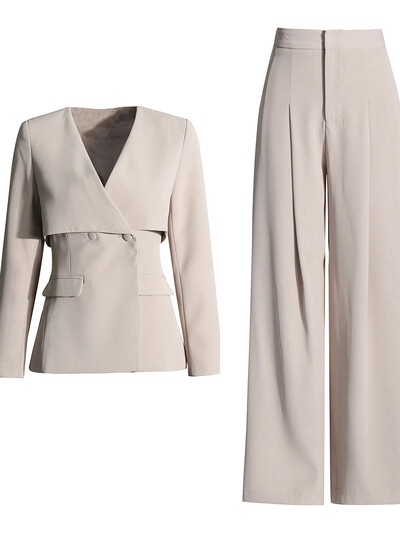 TWOTWINSTYLE Seturi de două piese largi, solide, pentru femei, cu decolteu în V, cu mânecă lungă, tunic, pantaloni cu talie înaltă, pantaloni lați, set elegant pentru femeie nou