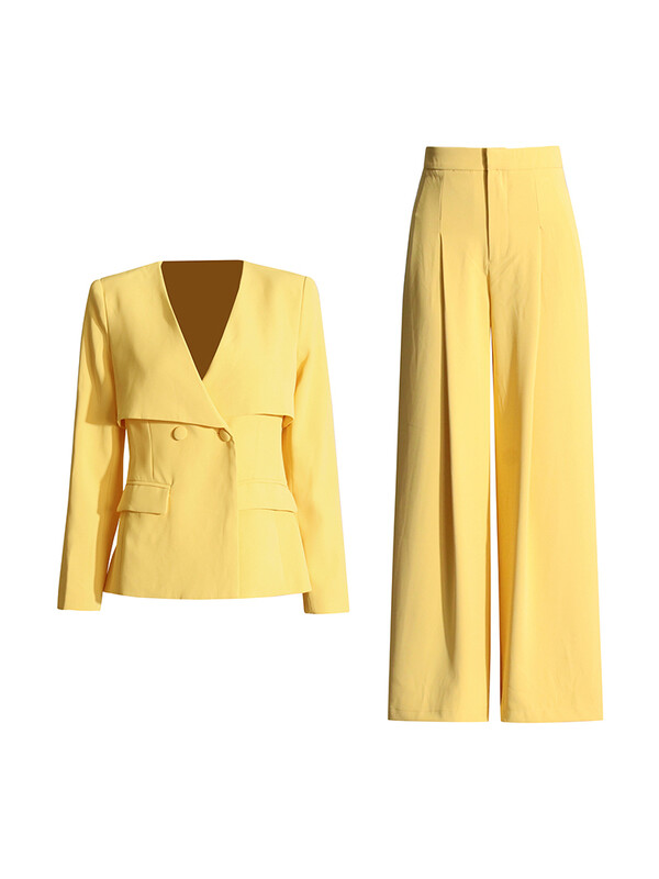 TWOTWINSTYLE Seturi de două piese largi, solide, pentru femei, cu decolteu în V, cu mânecă lungă, tunic, pantaloni cu talie înaltă, pantaloni lați, set elegant pentru femeie nou