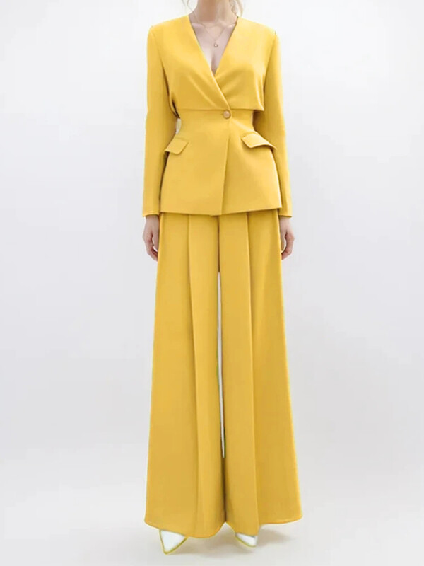 TWOTWINSTYLE Seturi de două piese largi, solide, pentru femei, cu decolteu în V, cu mânecă lungă, tunic, pantaloni cu talie înaltă, pantaloni lați, set elegant pentru femeie nou