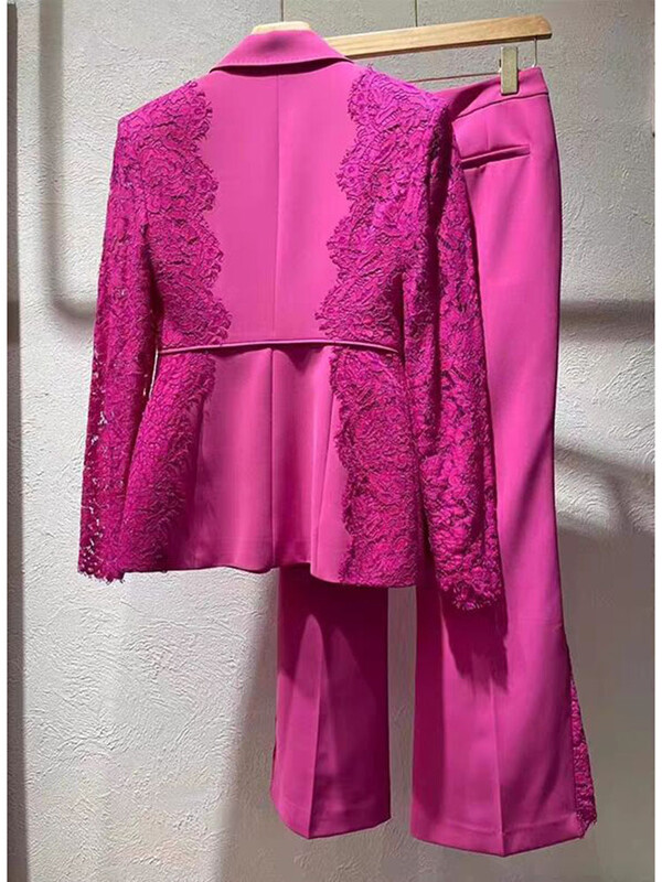 HIGH STREET Jaunākais 2024. gada skrejceļa dizainera uzvalku komplekts, sieviešu mežģīņu raibs, vienas pogas žaketes bikses komplekts, 2gab.