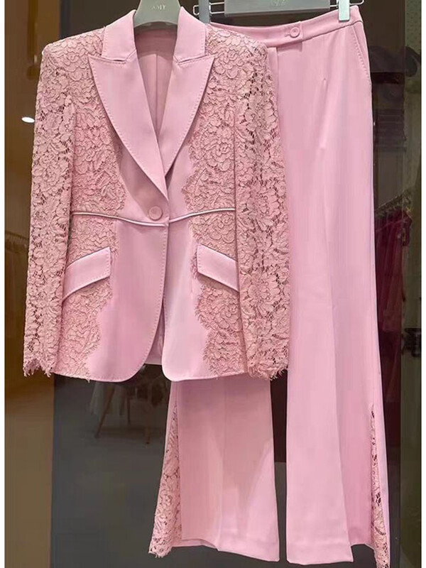 HIGH STREET Jaunākais 2024. gada skrejceļa dizainera uzvalku komplekts, sieviešu mežģīņu raibs, vienas pogas žaketes bikses komplekts, 2gab.