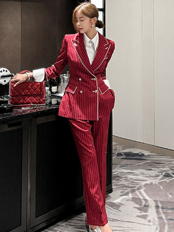 Γυναικείες κομψές επίσημες ριγέ κοστούμια περίστασης 2 τεμαχίων με διπλό στήθος παλτό blazer κοστούμι και παντελόνι μακρύ παντελόνι λεπτό σετ