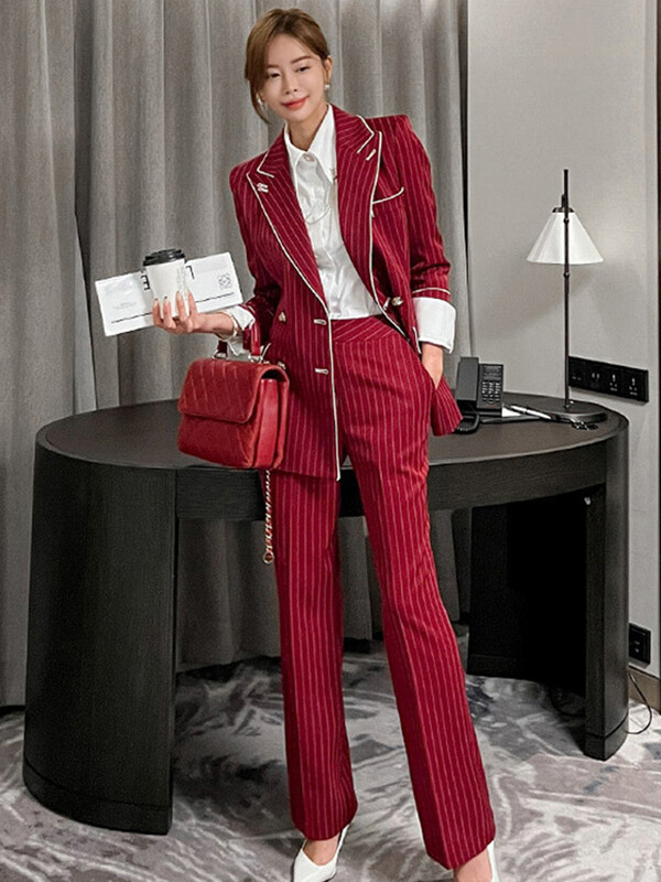 Γυναικείες κομψές επίσημες ριγέ κοστούμια περίστασης 2 τεμαχίων με διπλό στήθος παλτό blazer κοστούμι και παντελόνι μακρύ παντελόνι λεπτό σετ
