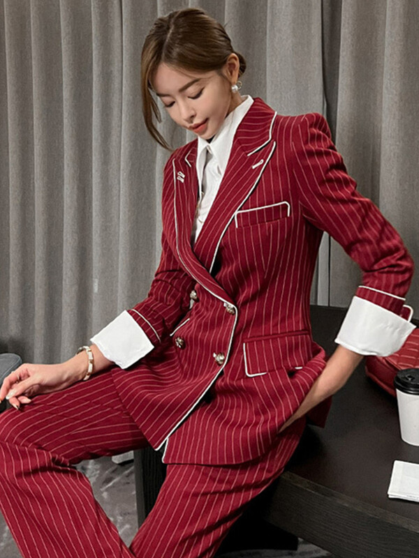 Γυναικείες κομψές επίσημες ριγέ κοστούμια περίστασης 2 τεμαχίων με διπλό στήθος παλτό blazer κοστούμι και παντελόνι μακρύ παντελόνι λεπτό σετ