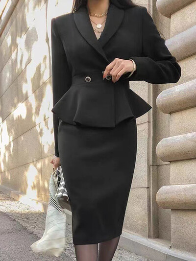 DEAT Elegant 2 vnt. rinkinys dantytas ilgomis rankovėmis mygtukų paltas klubus apvyniojantis sijonas, moteriškas biuro kostiumas 2024 m. vasara nauja mada 35Z698