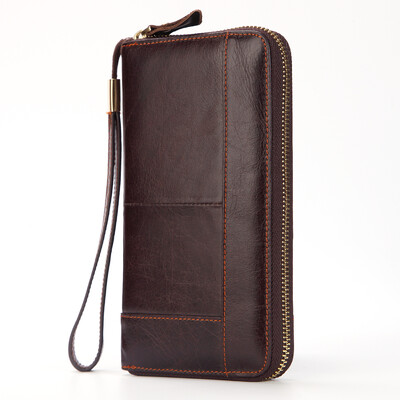 Poșetă lungă pentru bărbați, de afaceri, vintage, din piele de vacă, portofel pentru bărbați, portofel lung, pentru bărbați și femei, geantă cu fermoar din ceară de ulei.