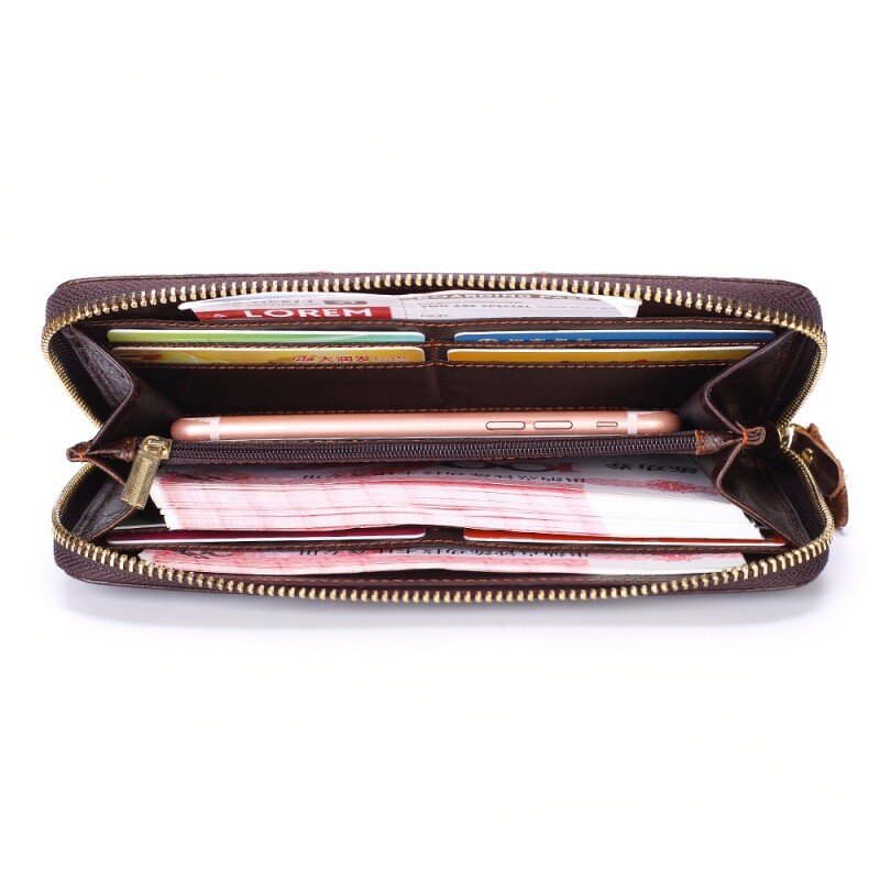 Poșetă lungă pentru bărbați, de afaceri, vintage, din piele de vacă, portofel pentru bărbați, portofel lung, pentru bărbați și femei, geantă cu fermoar din ceară de ulei.