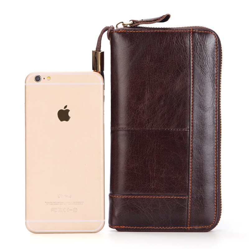 Poșetă lungă pentru bărbați, de afaceri, vintage, din piele de vacă, portofel pentru bărbați, portofel lung, pentru bărbați și femei, geantă cu fermoar din ceară de ulei.