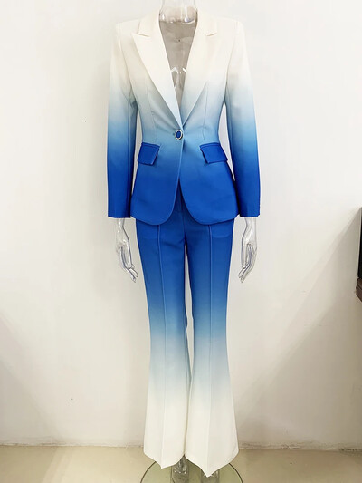 HIGH STREET Najnoviji modni dizajnerski komplet odijela za 2024. Žensko odijelo s širokim hlačama s jednim gumbom s gradijentnim otiskom u boji, 2 komada