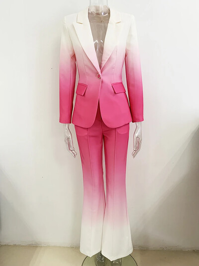 HIGH STREET Najnoviji modni dizajnerski komplet odijela za 2024. Žensko odijelo s širokim hlačama s jednim gumbom s gradijentnim otiskom u boji, 2 komada