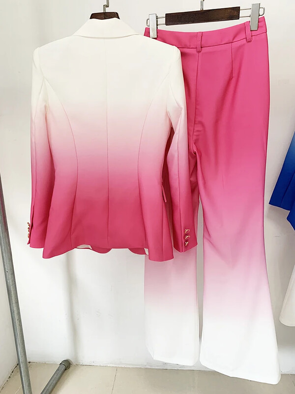 HIGH STREET Najnoviji modni dizajnerski komplet odijela za 2024. Žensko odijelo s širokim hlačama s jednim gumbom s gradijentnim otiskom u boji, 2 komada