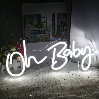 Oh Baby Neon Sign за Декорация на стена Топло бяло Бебешко декориране на детска стая Неонова светлина Birthday Party Baby Shower Room LED USB Neon