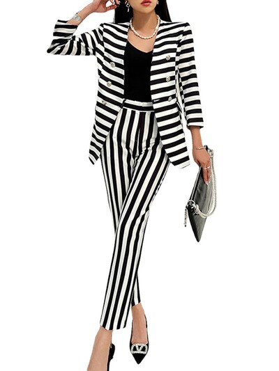 Új őszi, elegáns csíkos, hivatalos üzleti ruházati öltönyök, női hosszú ujjú, kétsoros blézer + nadrágok koreai divatos OL ruhák