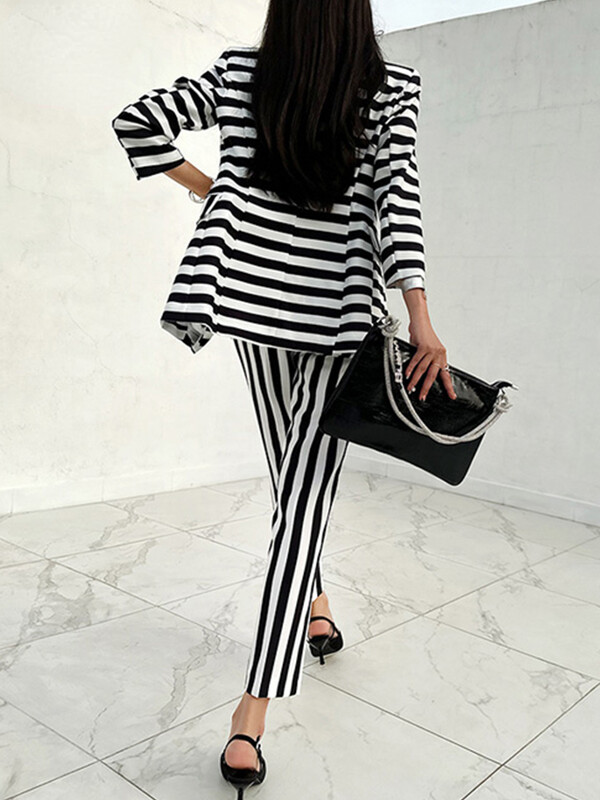 Új őszi, elegáns csíkos, hivatalos üzleti ruházati öltönyök, női hosszú ujjú, kétsoros blézer + nadrágok koreai divatos OL ruhák