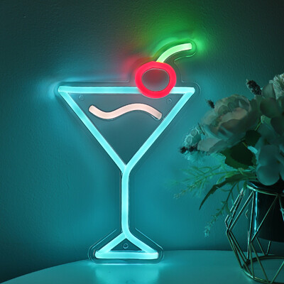 1 τεμ. Ice Blue Cocktails με Cherry Creative USB Επιτοίχια επιγραφή Neon για Διακόσμηση εκδήλωσης για πάρτι Pub Club 6,42``*9,88``