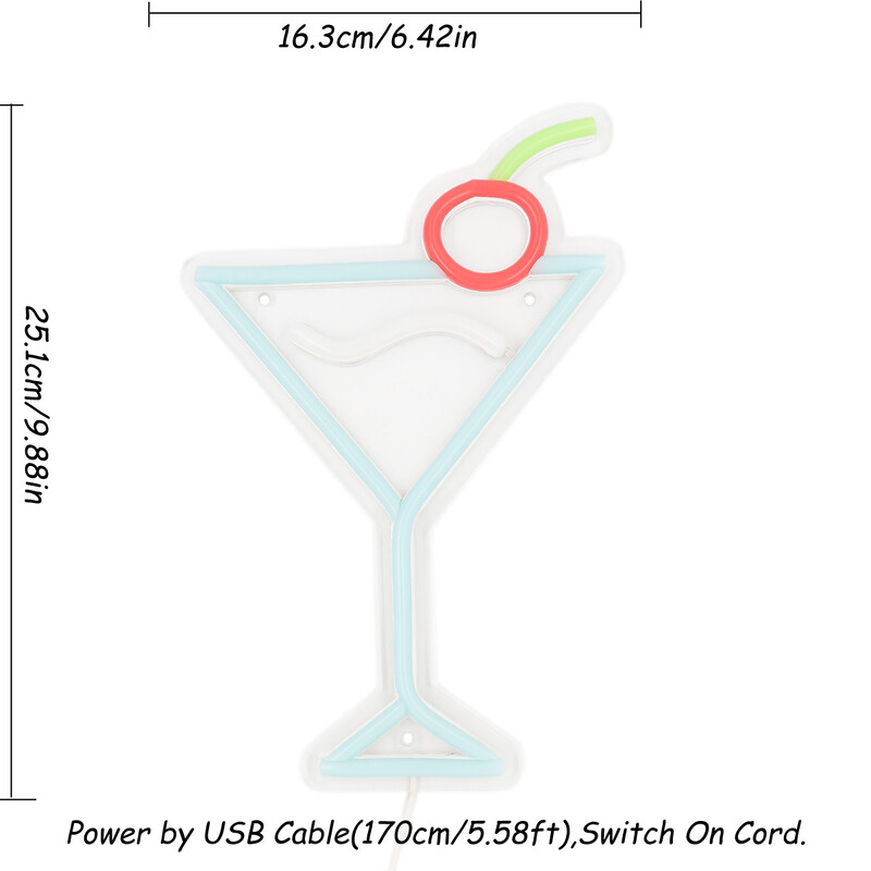 1 vnt Ledo mėlynumo kokteiliai su vyšnine Creative USB maitinamas LED sieninis neoninis iškabas, skirtas pubų klubo vakarėliui papuošti 6,42 colio* 9,88 colio