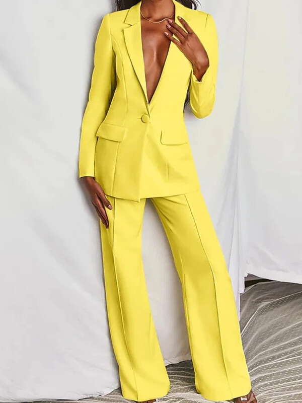 Costum din două piese, pantaloni lungi, toamnă, pentru femei, cu mâneci lungi, cu decolteu în V, cu nasturi, pantaloni creion, set din două piese, pentru birou, în culoare solidă, uniformă