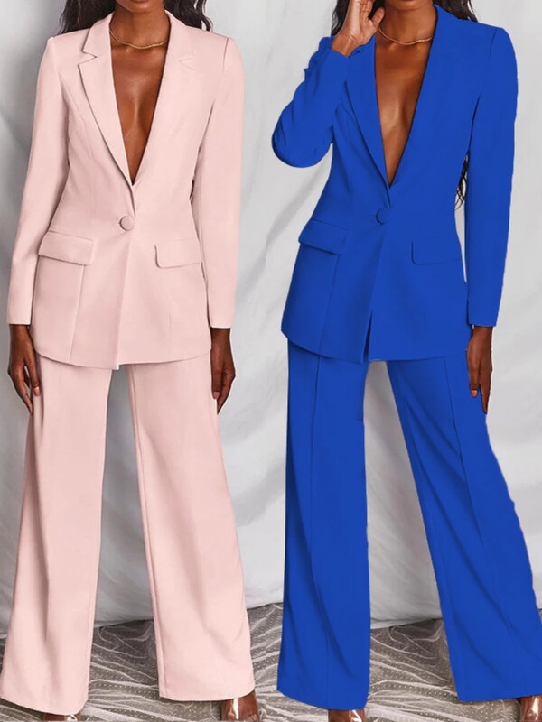 Costum din două piese, pantaloni lungi, toamnă, pentru femei, cu mâneci lungi, cu decolteu în V, cu nasturi, pantaloni creion, set din două piese, pentru birou, în culoare solidă, uniformă