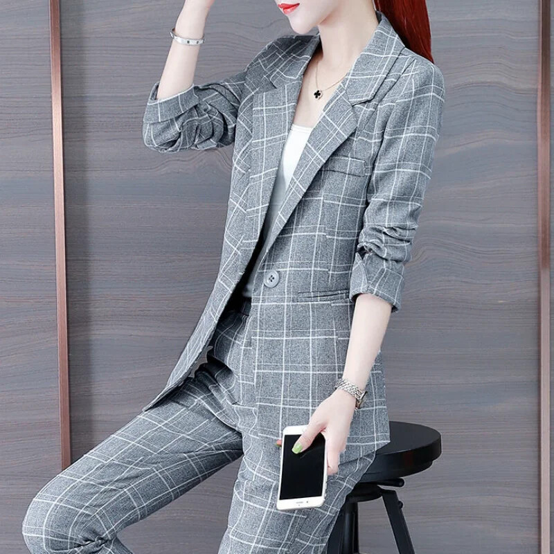Γυναικείο σετ 2 παντελονιών Business Office καρό σακάκι και σετ δύο τεμαχίων Παντελόνι για γυναικεία παντελόνια Κοστούμια Wear to Work Formal Outfits D