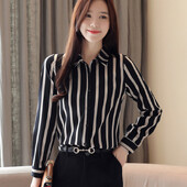 #3163 Cămăși cu dungi verticale alb-negru femei slim fit primăvară birou bluză șifon cu mânecă lungă haine elegante pentru femei
