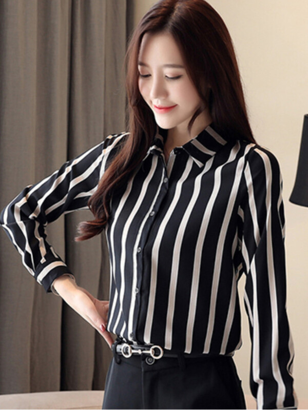 #3163 Cămăși cu dungi verticale alb-negru femei slim fit primăvară birou bluză șifon cu mânecă lungă haine elegante pentru femei