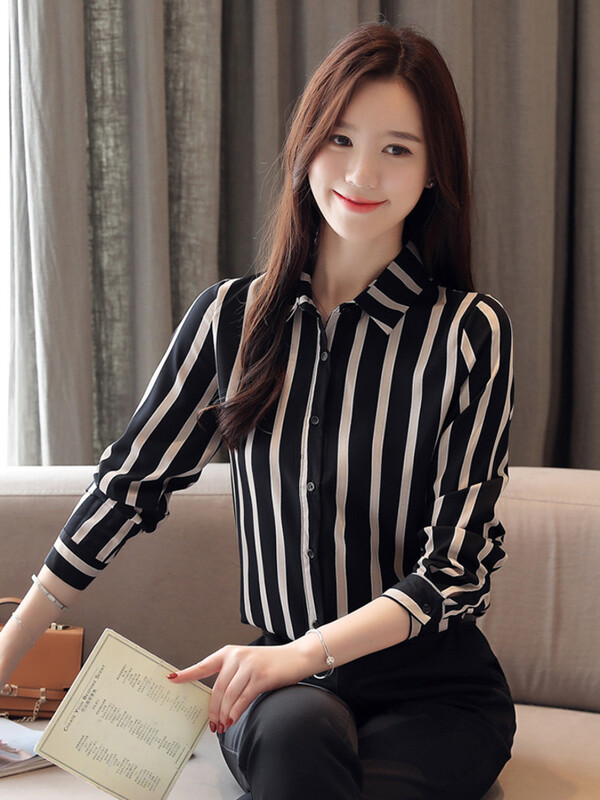 #3163 Cămăși cu dungi verticale alb-negru femei slim fit primăvară birou bluză șifon cu mânecă lungă haine elegante pentru femei