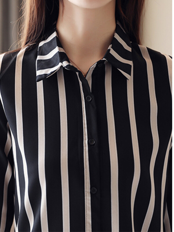 #3163 Cămăși cu dungi verticale alb-negru femei slim fit primăvară birou bluză șifon cu mânecă lungă haine elegante pentru femei
