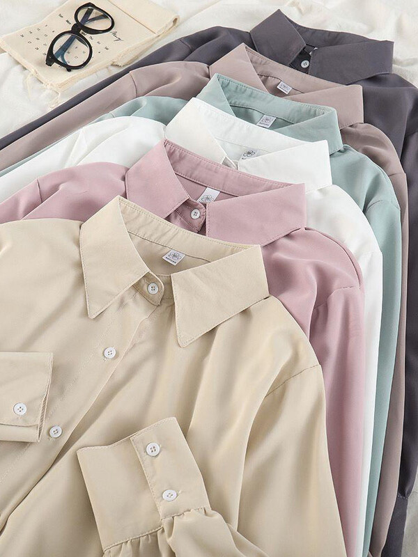 Jmprs σιφόν Γυναικεία λεπτά πουκάμισα Καλοκαιρινό μακρυμάνικο μαλακό πουκάμισο αντιηλιακής προστασίας Κορεάτικο με χαλαρό κουμπί επάνω Γυναικεία μπλουζάκια γραφείου