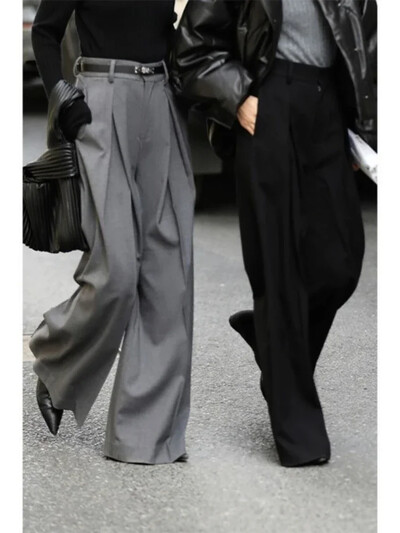 Pantaloni de costum cu picioare largi Femei Stil bani vechi Moda coreeană Pantaloni largi plisați Îmbrăcăminte de birou pentru femei Pantaloni gri eleganti