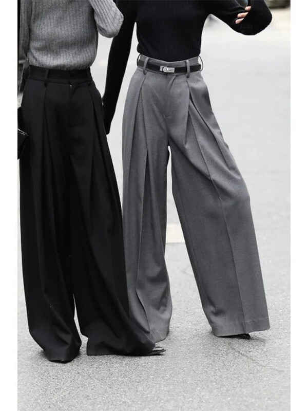 Pantaloni de costum cu picioare largi Femei Stil bani vechi Moda coreeană Pantaloni largi plisați Îmbrăcăminte de birou pentru femei Pantaloni gri eleganti