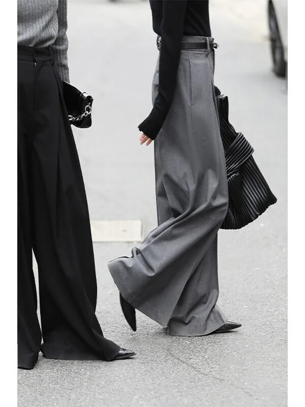 Pantaloni de costum cu picioare largi Femei Stil bani vechi Moda coreeană Pantaloni largi plisați Îmbrăcăminte de birou pentru femei Pantaloni gri eleganti