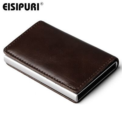 EISIPURI férfi blokkoló Rfid pénztárca Mini valódi bőr üzleti alumínium hitelkártya tartó pénztárca Automata felugró kártyatok