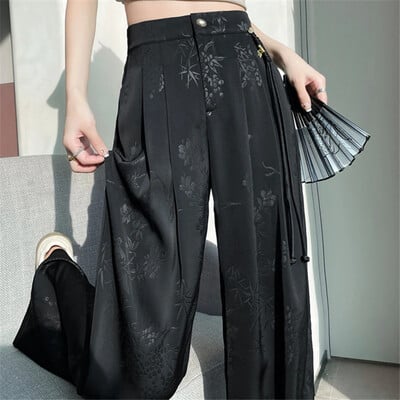 Pantaloni largi din satin jacquard în stil chinezesc pentru femei, eleganti, solidi, de birou, pantaloni ocazionali largi pentru femei