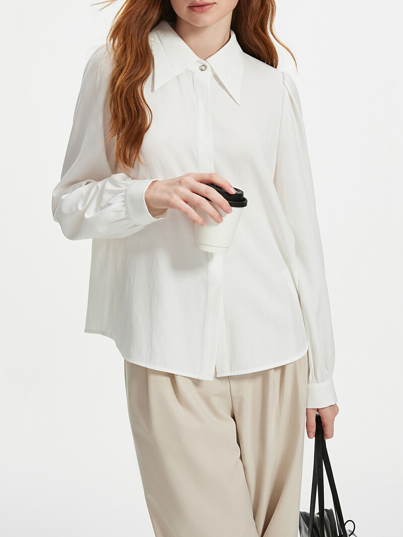 Bluză albă cu mânecă lungă pentru femei FSLE, cu gât polo, cu mâneci bufante, temperament, cămașă albă, galbenă, largi, topuri cu un singur piept 24FS13330