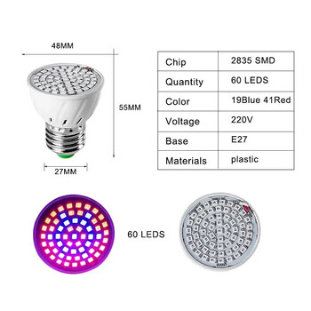 220V E27 60LEDs Plant Grow Light Phyto Lamps Led Full Spectrum Growing Bulb for Greenhouse Hydroponics Growth Fitolampy