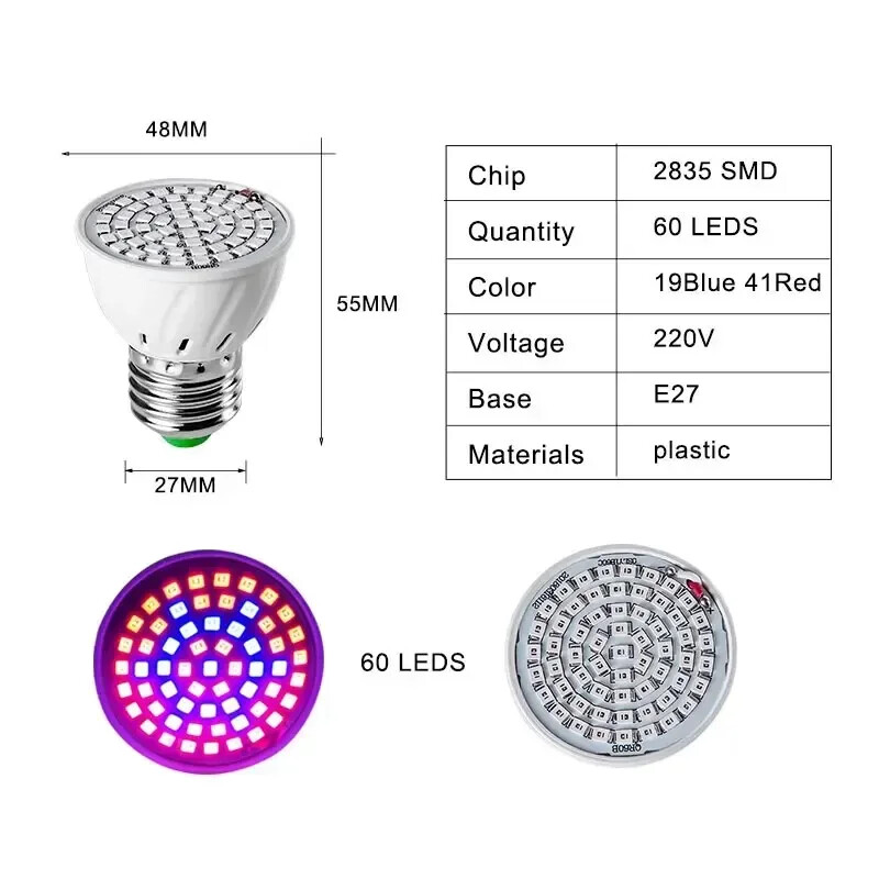 220V E27 60LED augalų auginimo šviesa fito lempos LED viso spektro auginimo lemputė šiltnamio efektą sukeliančių hidroponikos augimui fitolampy